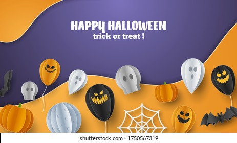 Happy Halloween banner background with clouds and pumpkins in paper cut style. Full moon in the sky, spiders web, skull, ghost and flying bats. Vector Illustration