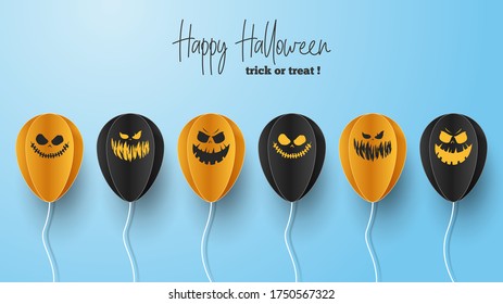 Happy Halloween banner background with clouds and pumpkins in paper cut style. Full moon in the sky, spiders web, skull, ghost and flying bats. Vector Illustration