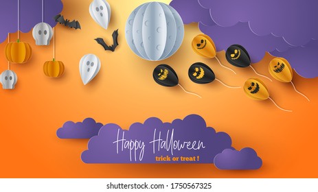 Happy Halloween banner background with clouds and pumpkins in paper cut style. Full moon in the sky, spiders web, skull, ghost and flying bats. Vector Illustration