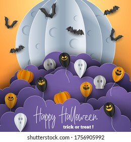 Happy Halloween banner background with clouds and pumpkins in paper cut style. Full moon in the sky, spiders web, skull, ghost and flying bats. Vector Illustration