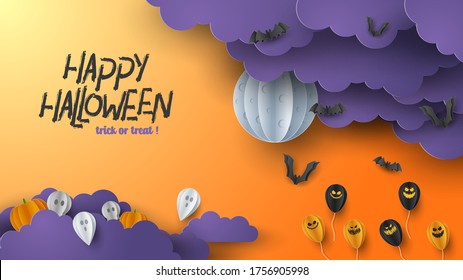 Happy Halloween banner background with clouds and pumpkins in paper cut style. Full moon in the sky, spiders web, skull, ghost and flying bats. Vector Illustration
