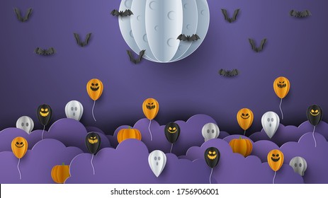 Happy Halloween banner background with clouds and pumpkins in paper cut style. Full moon in the sky, spiders web, skull, ghost and flying bats. Vector Illustration