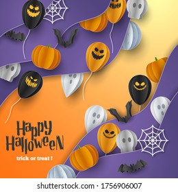Happy Halloween banner background with clouds and pumpkins in paper cut style. Full moon in the sky, spiders web, skull, ghost and flying bats. Vector Illustration