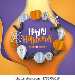 Happy Halloween banner background with clouds and pumpkins in paper cut style. Full moon in the sky, spiders web, skull, ghost and flying bats. Vector Illustration