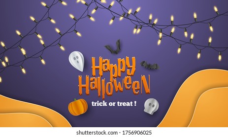 Happy Halloween banner background with clouds and pumpkins in paper cut style. Full moon in the sky, spiders web, skull, ghost and flying bats. Vector Illustration