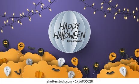 Happy Halloween banner background with clouds and pumpkins in paper cut style. Full moon in the sky, spiders web, skull, ghost and flying bats. Vector Illustration