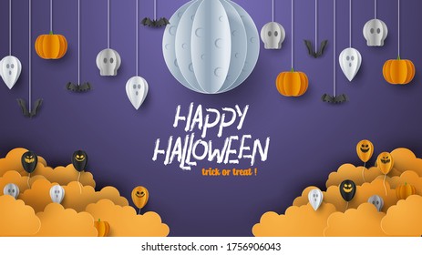 Happy Halloween banner background with clouds and pumpkins in paper cut style. Full moon in the sky, spiders web, skull, ghost and flying bats. Vector Illustration