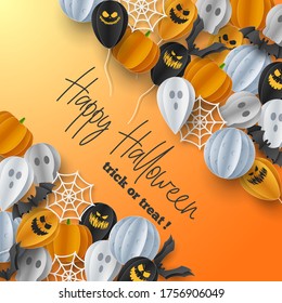 Feliz fondo de banner de Halloween con nubes y calabazas en el estilo de corte de papel. Luna llena en el cielo, telaraña, cráneo, fantasma y murciélagos voladores. Ilustración vectorial