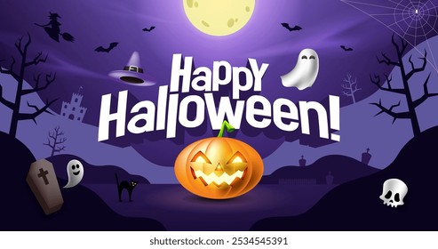 Happy Halloween banner background with clouds, cat, ghost, skull, coffin, bats, and pumpkin in 3D style. Vector illustration. Full moon in purple sky, spider web, and witch flying. Vector. EPS