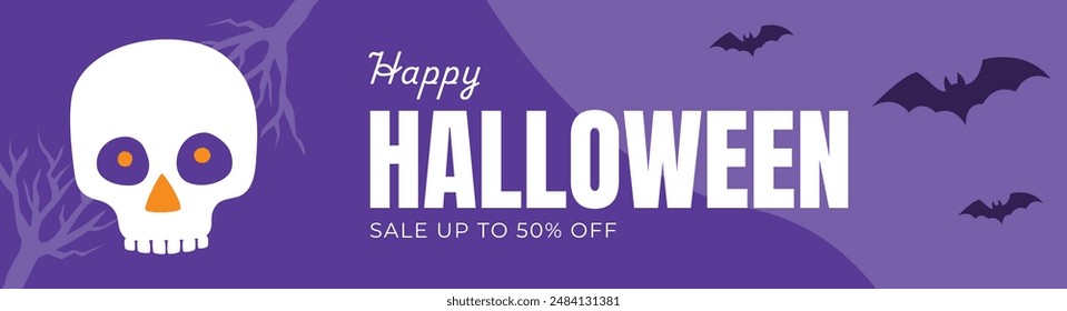 Happy Halloween banner background color purple. halloween skull and bat, vector illustration