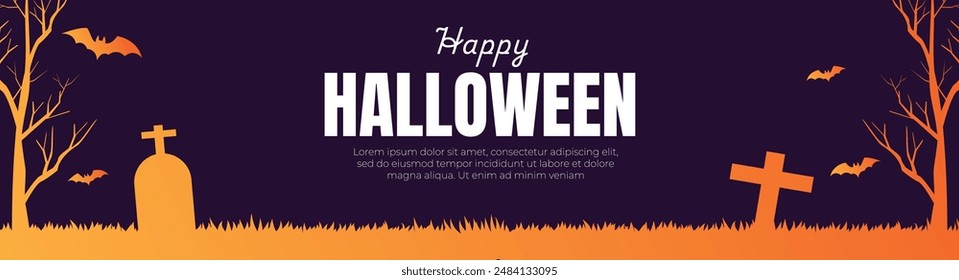 Happy Halloween banner background color orange and black. halloween bats, grave, and trees, vector illustration