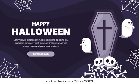 Happy Halloween banner and background with copy space area.Background with Pumpkin ghost, white spider web, skulls, and spooky coffins.vector illustration