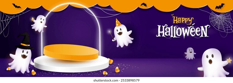 Happy Halloween Banner Hintergrund mit niedlichen fliegenden Geistern und Bühne Podium für Produkte Display, Vektordesign 