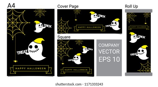 Happy Halloween Banner Background With Ghost and Spider Cartoon Vector Set Illustration