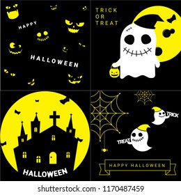 Happy Halloween Banner Background With Haunted House, Ghost, Pumpkin, Bat and Spider Cartoon Vector Illustration