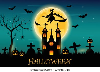 Happy Halloween banner. background with haunted house bats. Vector illustration,