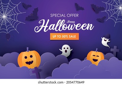 Happy Halloween banner background with night clouds, pumpkins and ghosts