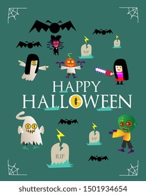 happy halloween banner or background for halloween party or event with cute monster or character. beautiful greeting card, background, banner, poster or flyer vector