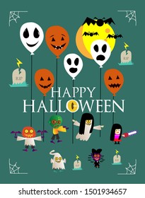happy halloween banner or background for halloween party or event with cute monster or character. beautiful greeting card, background, banner, poster or flyer vector