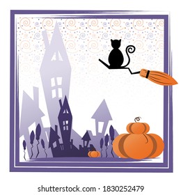 Happy Halloween banner. Background with pumpkin and cat and magic forest. Vector illustration.
