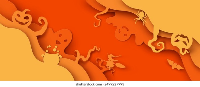 Fondo de Anuncio de Halloween feliz con calabaza, murciélago, araña, bola y espacio en blanco. Fondo de Halloween. corte de papel y estilo artesanal. Vector, ilustración.