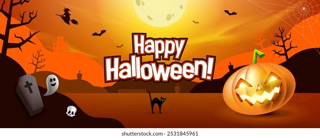 Happy Halloween Banner Hintergrund mit Kürbis, Spinnennetz, Fledermäuse, schwarze Katze, Hexe, Geist, Sarg, Schädel, und Grabstein über einem Vollmond. Orange Banner für Halloween. Vektorgrafik. unheimlich