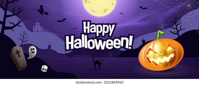 Happy Halloween Banner Hintergrund mit Kürbis, Spinnennetz, Fledermäuse, schwarze Katze, Hexe, Geist, Sarg, Schädel, und Grabstein über einem Vollmond. Purple Banner für Halloween. Vektorgrafik. unheimlich