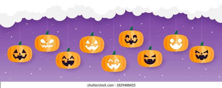Happy Halloween Banner or Halloween Background with Halloween Pumpkins Hanging on The Cloud, Paper art style, Vector.