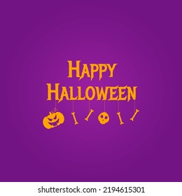 Happy Halloween banner or background with pumpkins, cemetery, fence, skull, bones, bats and flags. Vector illustration.