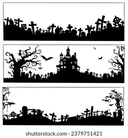 Happy Halloween banner background, Silhouette black and white Vector #3