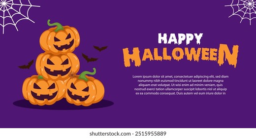 Happy Halloween banner background with spooky pumpkins, spider web with copy space area