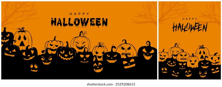 fundo de banner feliz halloween com faces jack-o-lanterna assustadoras na abóbora preto e amarelo criativo simples design