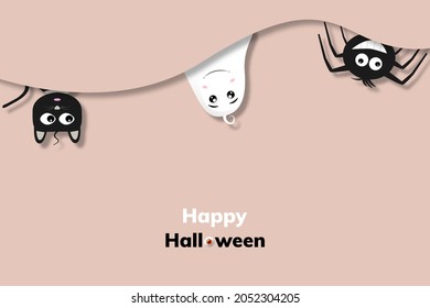Happy Halloween banner, background template with funny characters, cat, ghost and spider. Vector illustration web banner.