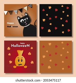 Happy Halloween banner, background template with funny characters, cat, ghost and spider. Vector illustration web banner. Autumn leaves background