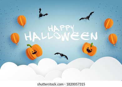 Happy halloween banner background template.Halloween pumpkins, balloons and flying bats on blue sky.Paper cut style vector illustration.