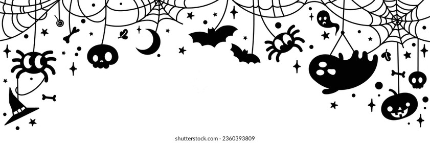 Happy Halloween banner background vector.  Banner design with pumpkins, bats, ghost, spider, star, bone. vector element for party invitation, ads, poster, packaging design.