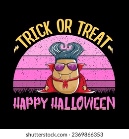 Happy Halloween banner background with vector cartoon Dracula potato with fangs and red cape isolated on white background. Funny cute vampire monster vegetable funky Halloween character