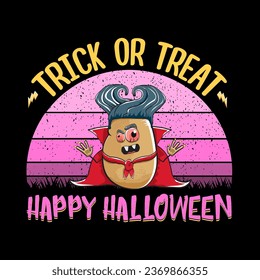 Happy Halloween banner background with vector cartoon Dracula potato with fangs and red cape isolated on white background. Funny cute vampire monster vegetable funky Halloween character