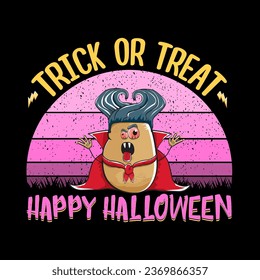 Happy Halloween banner background with vector cartoon Dracula potato with fangs and red cape isolated on white background. Funny cute vampire monster vegetable funky Halloween character