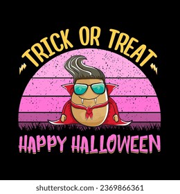 Happy Halloween banner background with vector cartoon Dracula potato with fangs and red cape isolated on white background. Funny cute vampire monster vegetable funky Halloween character