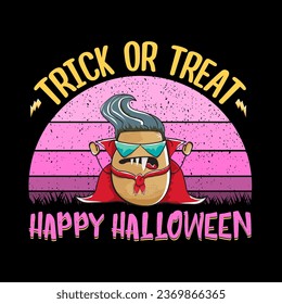 Happy Halloween banner background with vector cartoon Dracula potato with fangs and red cape isolated on white background. Funny cute vampire monster vegetable funky Halloween character