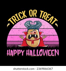 Happy Halloween banner background with vector cartoon Dracula potato with fangs and red cape isolated on white background. Funny cute vampire monster vegetable funky Halloween character