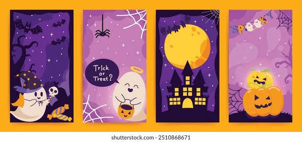 Feliz Vector de fondo de Anuncio de Halloween. Feliz fiesta de Halloween posters con fantasma, árbol, araña, luna y castillo. Ilustración vectorial.