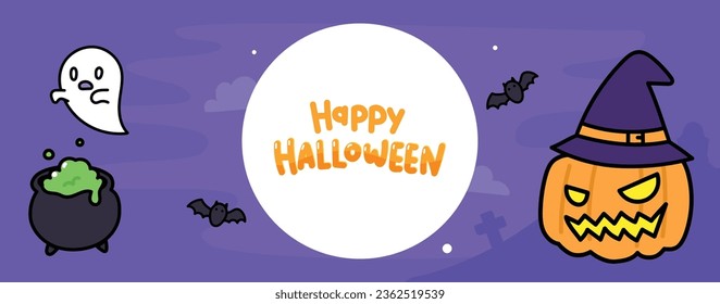 Happy Halloween banner background wallpaper with cute doodle  Jack o lantern pumpkin ghost bats and witch hat purple night sky theme illustration