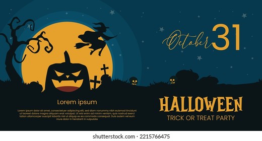 Happy Halloween banner for background with witch, tree branches, pumpkin, graveyard, skull in full night shades