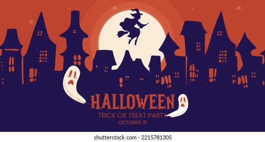 Happy Halloween banner for background with witch, tree branches, pumpkin, graveyard, skull in full night shades