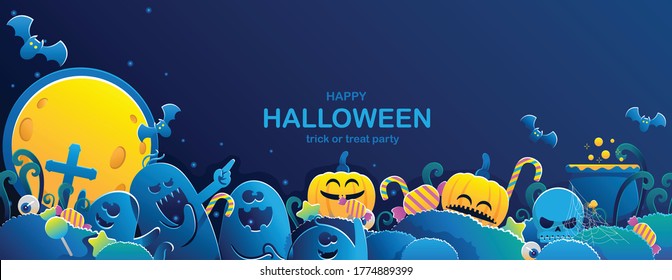 Happy Halloween banner. Halloween backgrounds with night in the cemetery party. Ghosts, candy and pumpkins in paper cut style. Full moon in the sky spiders and flying bats. Free space  place for text.