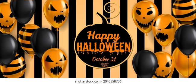 Happy Halloween banner with Balloons air realistic. Scary smiles, ghost icons black, orange colors. Halloween template background