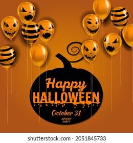 Happy Halloween banner with Balloons air realistic. Scary smiles, ghost icons black, orange colors. Halloween template background