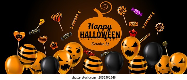 Happy Halloween banner with Balloons air realistic, candy. Scary smiles, ghost icons black, orange colors. Halloween template background